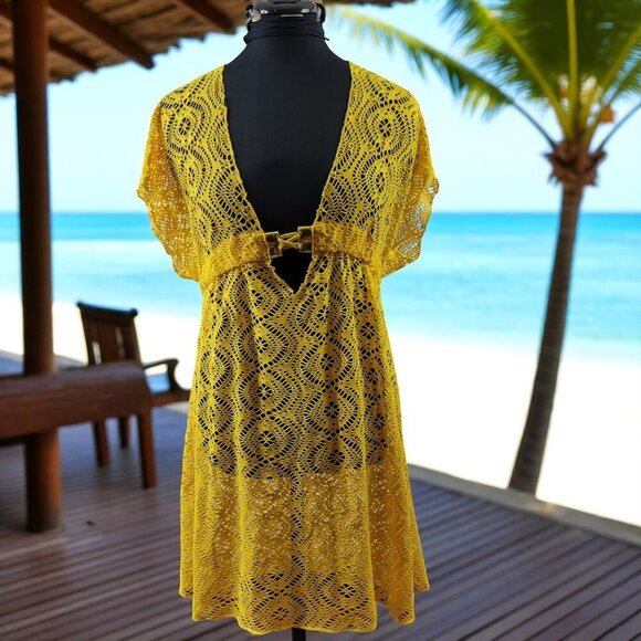 Becca by Rebecca Virtue Yellow Lace Crochet Beach Cover-Up Dress M/L - Picture 1 of 11